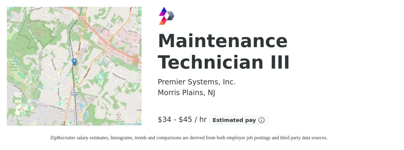 Premier Systems, Inc. job posting for a Maintenance Technician III in Morris Plains, NJ with a salary of $36 to $48 Hourly with a map of Morris Plains location.