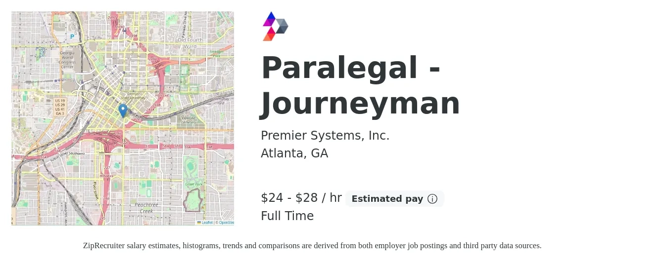 Premier Systems, Inc. job posting for a Paralegal - Journeyman in Atlanta, GA with a salary of $25 to $30 Hourly with a map of Atlanta location.