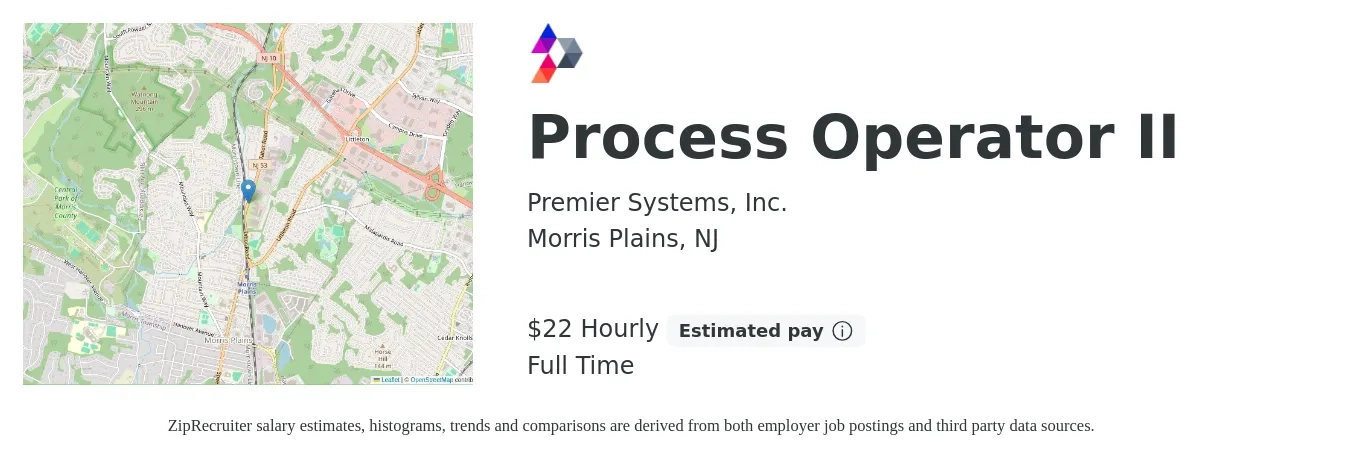 Premier Systems, Inc. job posting for a Process Operator II in Morris Plains, NJ with a salary of $23 to $24 Hourly with a map of Morris Plains location.