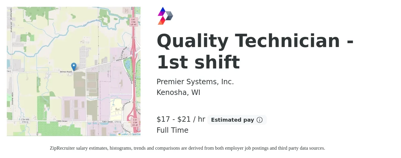 Premier Systems, Inc. job posting for a Quality Technician - 1st shift in Kenosha, WI with a salary of $18 to $22 Hourly with a map of Kenosha location.