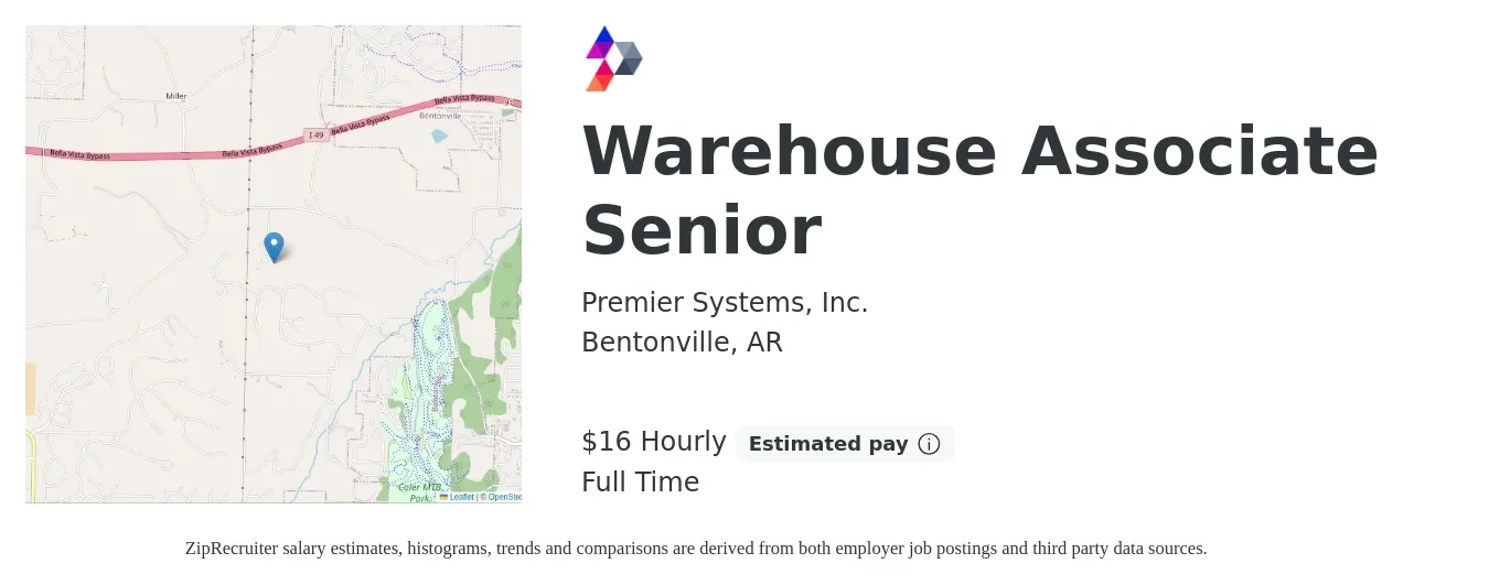 Premier Systems, Inc. job posting for a Warehouse Associate Senior in Bentonville, AR with a salary of $17 Hourly with a map of Bentonville location.