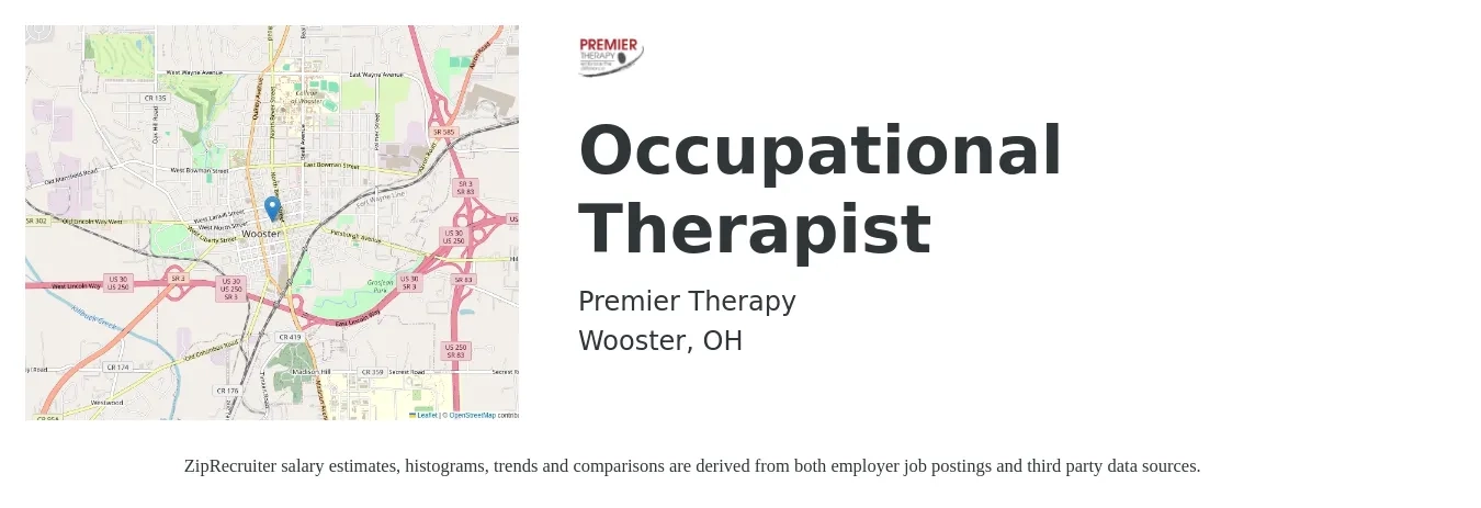 Premier Therapy job posting for a Occupational Therapist in Wooster, OH with a salary of $35 to $46 Hourly with a map of Wooster location.