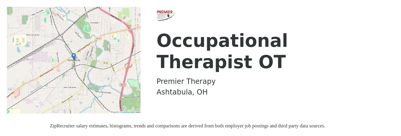 Premier Therapy job posting for a Occupational Therapist OT in Ashtabula, OH with a salary of $37 to $48 Hourly with a map of Ashtabula location.