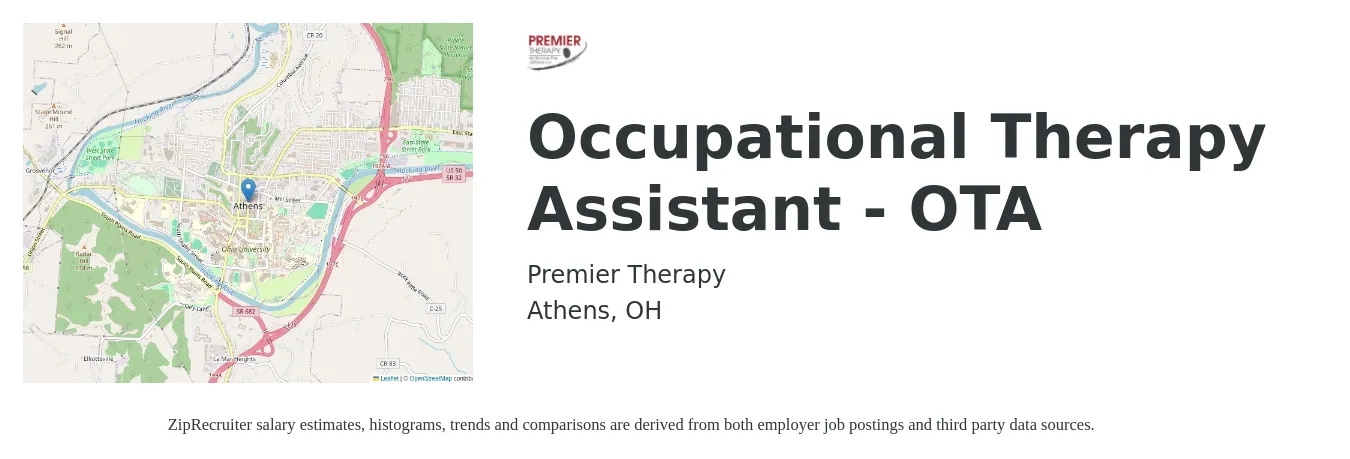 Premier Therapy job posting for a Occupational Therapy Assistant - OTA in Athens, OH with a salary of $20 to $28 Hourly with a map of Athens location.