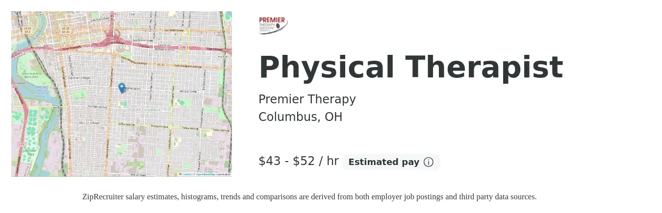 Premier Therapy job posting for a Physical Therapist in Columbus, OH with a salary of $55 Hourly with a map of Columbus location.
