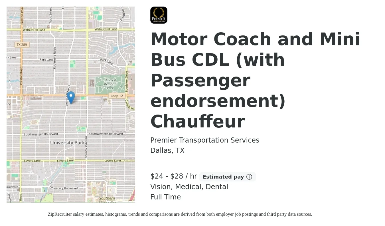 Premier Transportation Services job posting for a Motor Coach and Mini Bus CDL (with Passenger endorsement) Chauffeur in Dallas, TX with a salary of $25 to $30 Hourly and benefits including vision, dental, life_insurance, and medical with a map of Dallas location.
