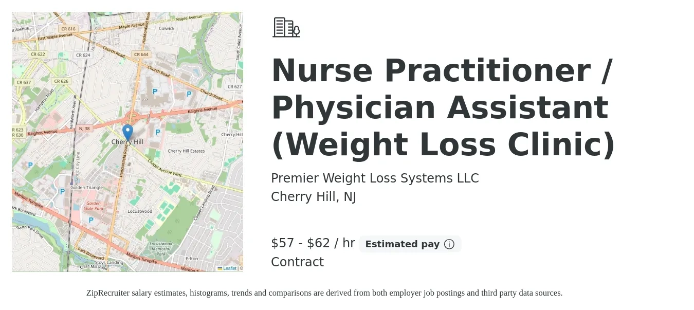 Premier Weight Loss Systems LLC job posting for a Nurse Practitioner / Physician Assistant (Weight Loss Clinic) in Cherry Hill, NJ with a salary of $60 to $65 Hourly with a map of Cherry Hill location.