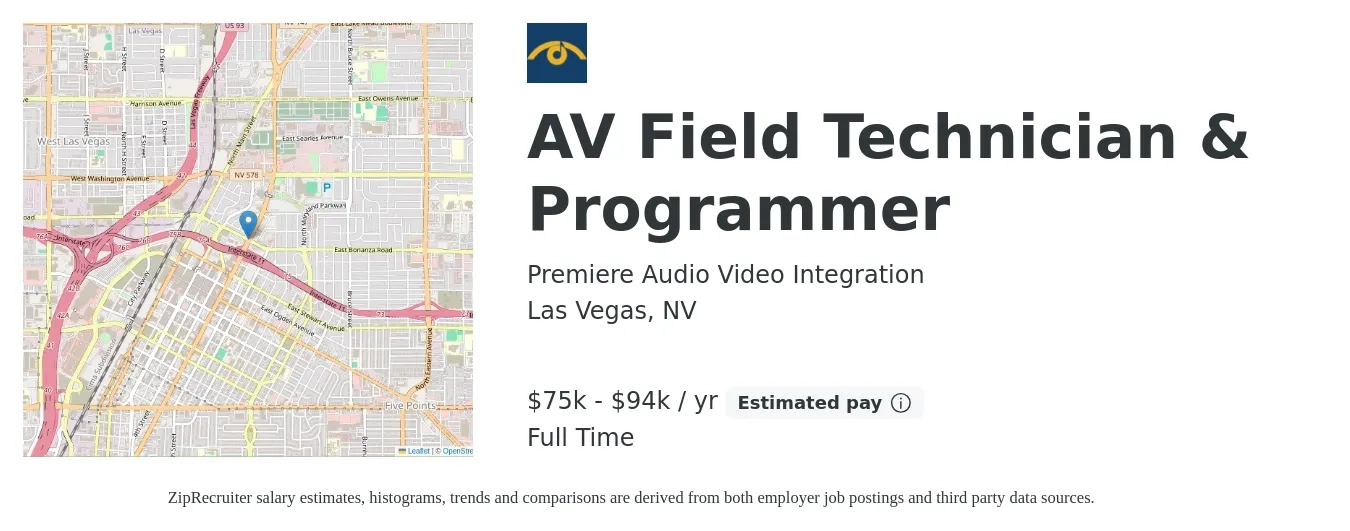 Premiere Audio Video Integration job posting for a AV Field Technician & Programmer in Las Vegas, NV with a salary of $75,000 to $94,000 Yearly with a map of Las Vegas location.