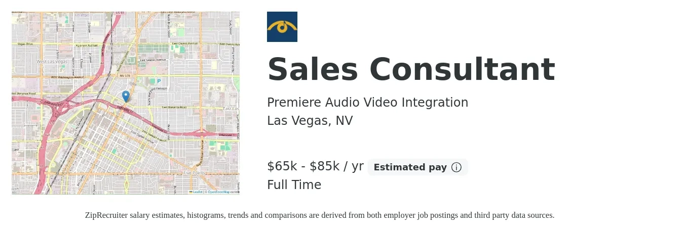 Premiere Audio Video Integration job posting for a Sales Consultant in Las Vegas, NV with a salary of $65,000 to $85,000 Yearly with a map of Las Vegas location.