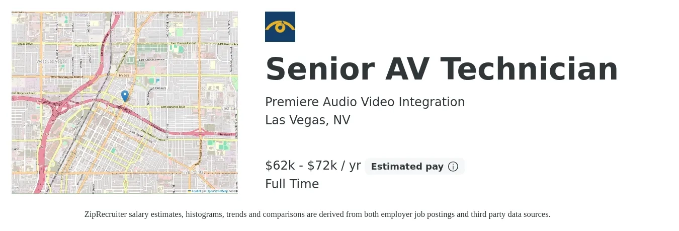 Premiere Audio Video Integration job posting for a Senior AV Technician in Las Vegas, NV with a salary of $62,000 to $72,000 Yearly with a map of Las Vegas location.