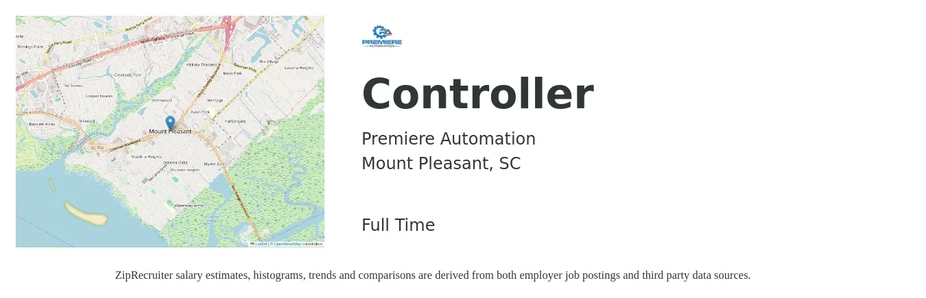 Premiere Automation job posting for a Controller in Mount Pleasant, SC with a salary of $92,600 to $132,200 Yearly with a map of Mount Pleasant location.