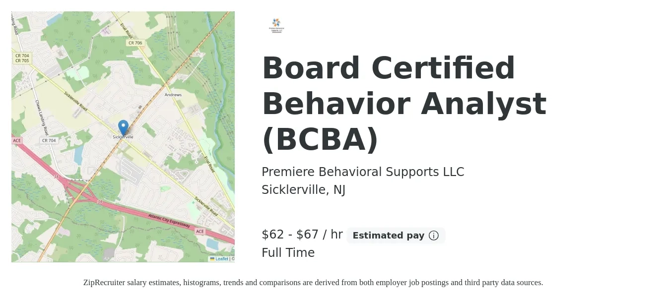 Premiere Behavioral Supports LLC job posting for a Board Certified Behavior Analyst (BCBA) in Sicklerville, NJ with a salary of $65 to $70 Hourly with a map of Sicklerville location.