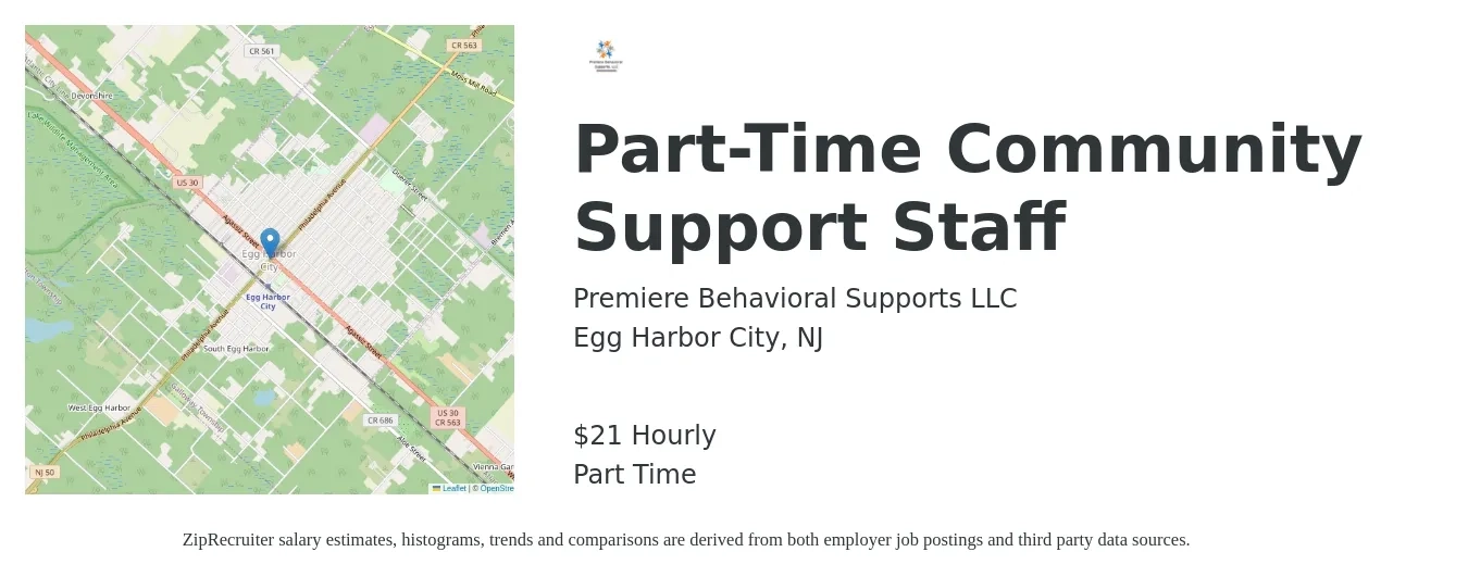 Premiere Behavioral Supports LLC job posting for a Part-Time Community Support Staff in Egg Harbor City, NJ with a salary of $23 Hourly with a map of Egg Harbor City location.