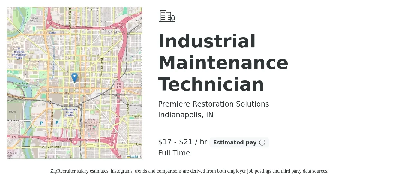 Premiere Restoration Solutions job posting for a Industrial Maintenance Technician in Indianapolis, IN with a salary of $18 to $22 Hourly and benefits including retirement with a map of Indianapolis location.