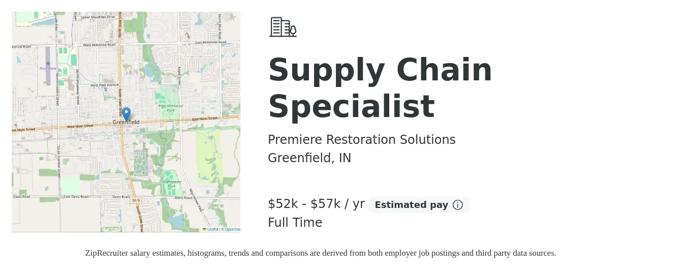 Premiere Restoration Solutions job posting for a Supply Chain Specialist in Greenfield, IN with a salary of $52,500 to $57,500 Yearly and benefits including retirement with a map of Greenfield location.