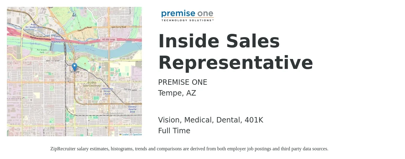 PREMISE ONE job posting for a Inside Sales Representative in Tempe, AZ with a salary of $37,800 to $56,500 Yearly and benefits including medical, vision, 401k, dental, and life_insurance with a map of Tempe location.