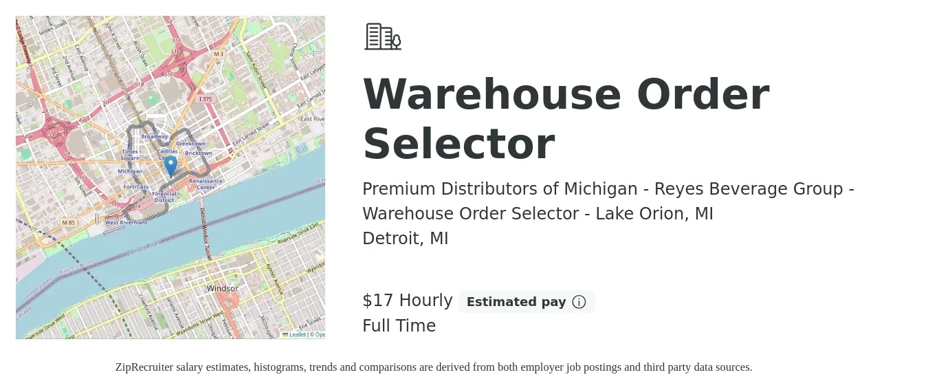 Premium Distributors of Michigan - Reyes Beverage Group - Warehouse Order Selector - Lake Orion, MI job posting for a Warehouse Order Selector in Detroit, MI with a salary of $18 Hourly with a map of Detroit location.