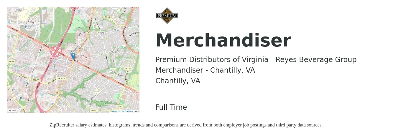 Premium Distributors of Virginia - Reyes Beverage Group - Merchandiser - Chantilly, VA job posting for a Merchandiser in Chantilly, VA with a salary of $19 Hourly with a map of Chantilly location.