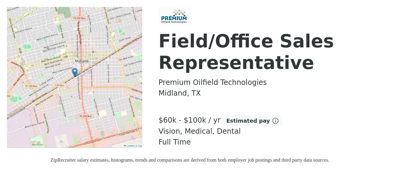 Premium Oilfield Technologies job posting for a Field/Office Sales Representative in Midland, TX with a salary of $60,000 to $100,000 Yearly (plus commission) and benefits including retirement, vision, dental, and medical with a map of Midland location.