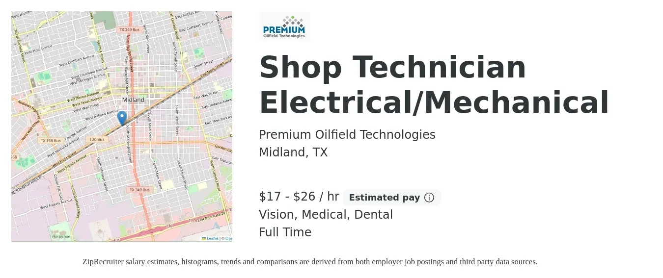 Premium Oilfield Technologies job posting for a Shop Technician Electrical/Mechanical in Midland, TX with a salary of $18 to $28 Hourly and benefits including medical, retirement, vision, and dental with a map of Midland location.