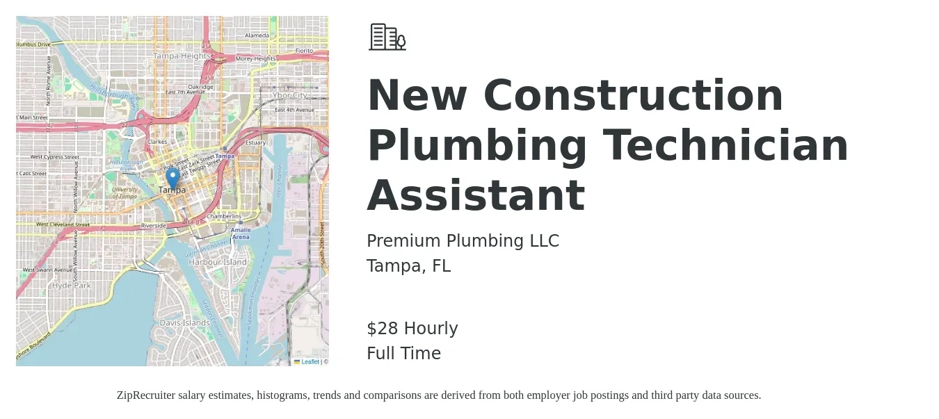 Premium Plumbing LLC job posting for a New Construction Plumbing Technician Assistant in Tampa, FL with a salary of $30 Hourly with a map of Tampa location.