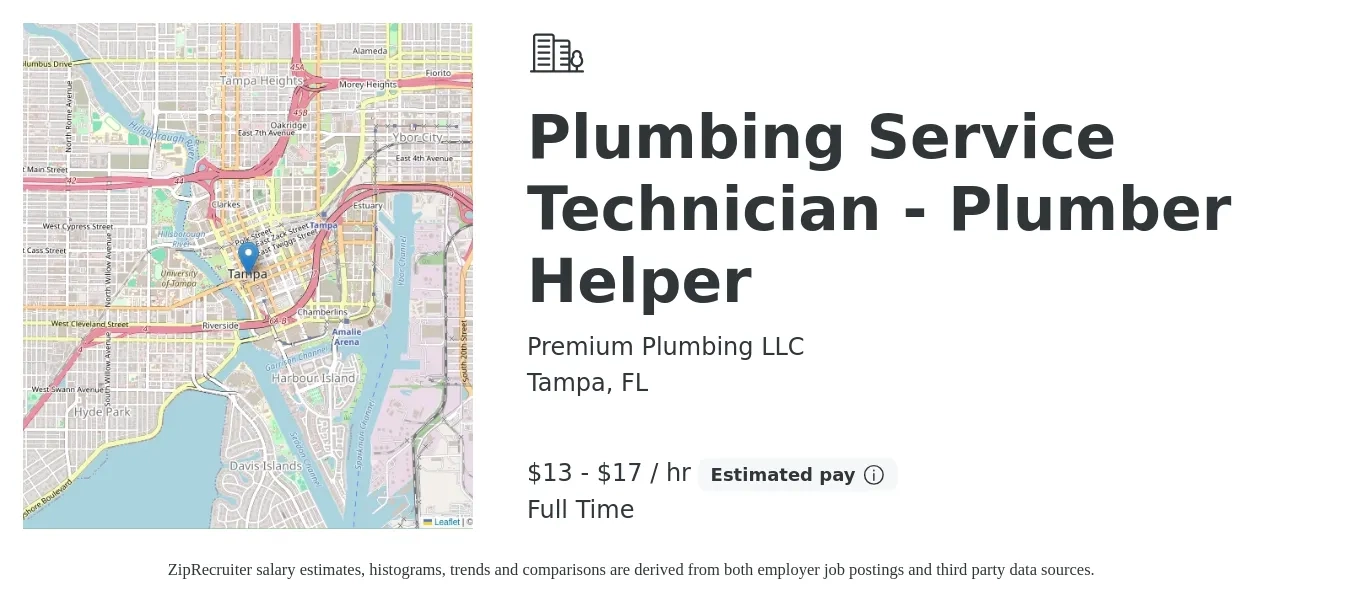 Premium Plumbing LLC job posting for a Plumbing Service Technician - Plumber Helper in Tampa, FL with a salary of $14 to $18 Hourly with a map of Tampa location.