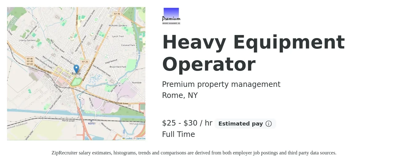 Premium property management job posting for a Heavy Equipment Operator in Rome, NY with a salary of $27 to $32 Hourly and benefits including pto with a map of Rome location.