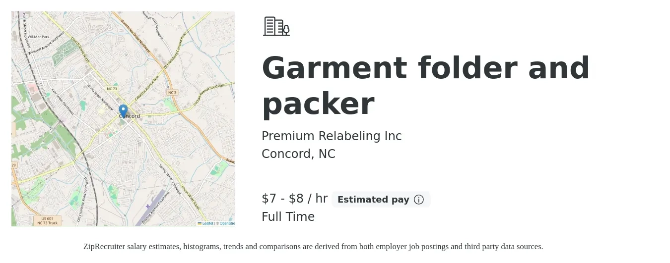 Premium Relabeling Inc job posting for a Garment folder and packer in Concord, NC with a salary of $8 to $9 Hourly with a map of Concord location.