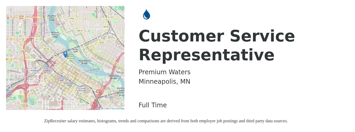 Premium Waters job posting for a Customer Service Representative in Minneapolis, MN with a salary of $17 to $23 Hourly with a map of Minneapolis location.