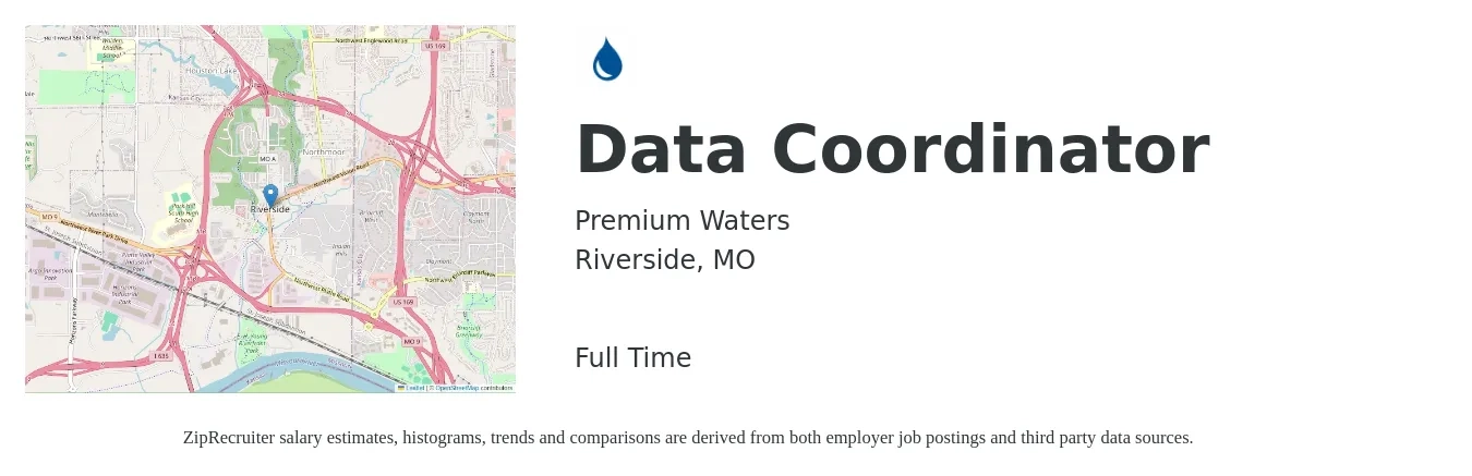 Premium Waters job posting for a Data Coordinator in Riverside, MO with a salary of $21 to $31 Hourly with a map of Riverside location.