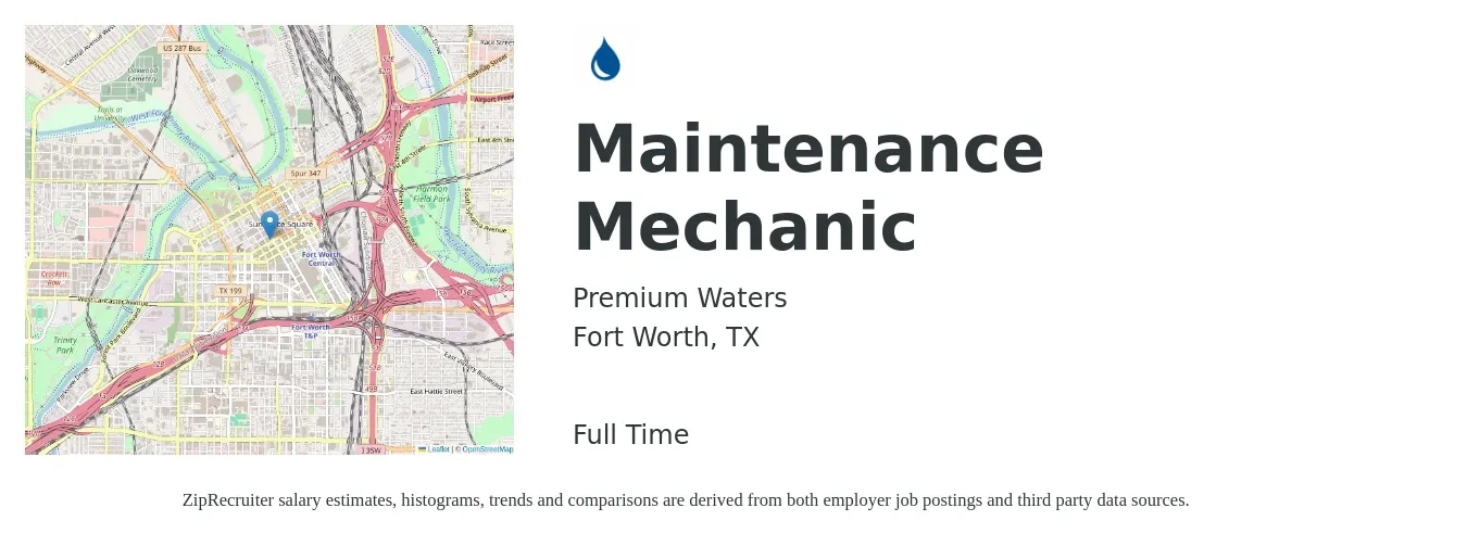Premium Waters job posting for a Maintenance Mechanic in Fort Worth, TX with a salary of $22 to $29 Hourly with a map of Fort Worth location.