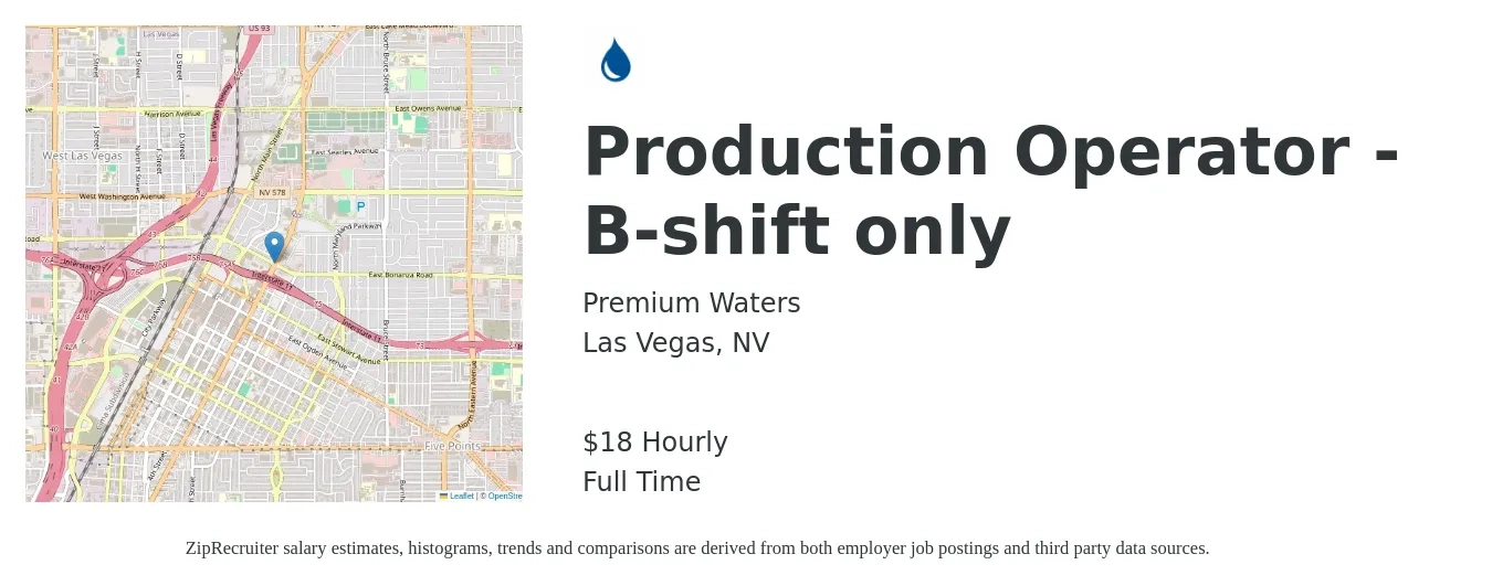 Premium Waters job posting for a Production Operator - B-shift only in Las Vegas, NV with a salary of $19 Hourly with a map of Las Vegas location.