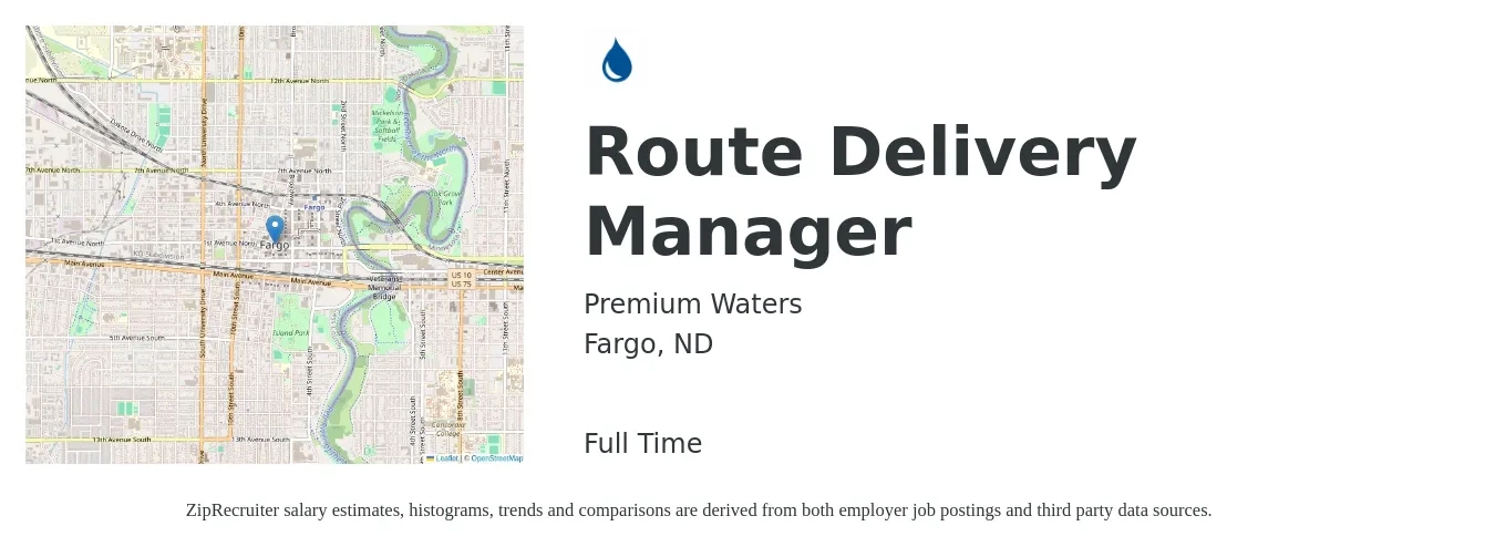 Premium Waters job posting for a Route Delivery Manager in Fargo, ND with a salary of $17 to $24 Hourly with a map of Fargo location.