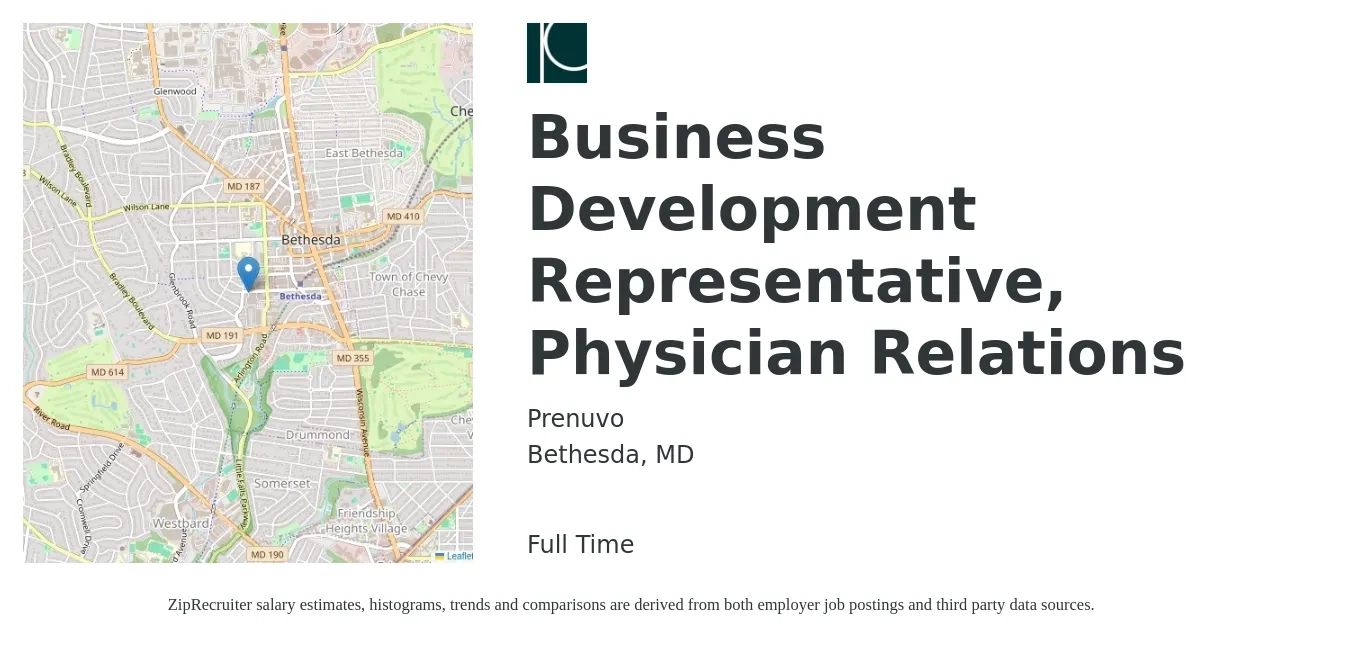 Prenuvo job posting for a Business Development Representative, Physician Relations in Bethesda, MD with a salary of $48,200 to $74,900 Yearly with a map of Bethesda location.