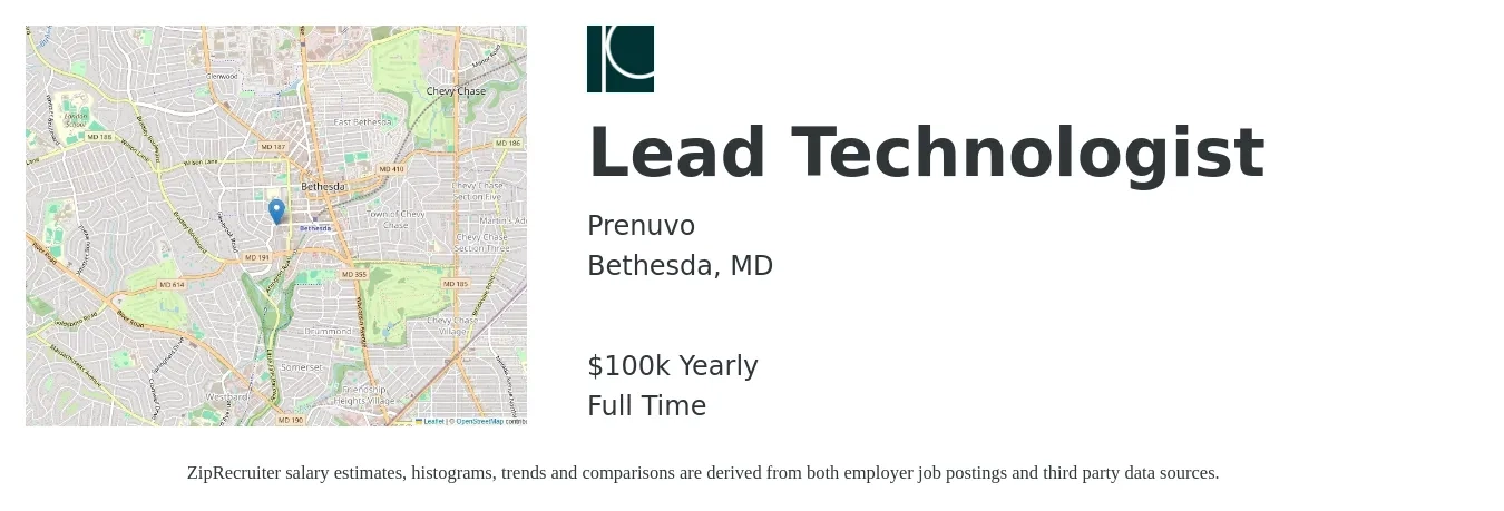 Prenuvo job posting for a Lead Technologist in Bethesda, MD with a salary of $100,000 Yearly with a map of Bethesda location.