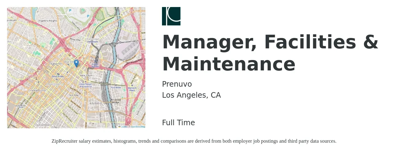 Prenuvo job posting for a Manager, Facilities & Maintenance in Los Angeles, CA with a salary of $62,000 to $99,100 Yearly with a map of Los Angeles location.