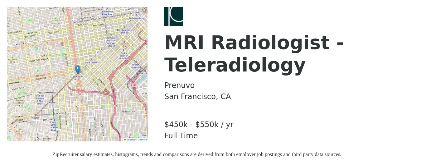 Prenuvo job posting for a MRI Radiologist - Teleradiology in San Francisco, CA with a salary of $450,000 to $550,000 Yearly with a map of San Francisco location.