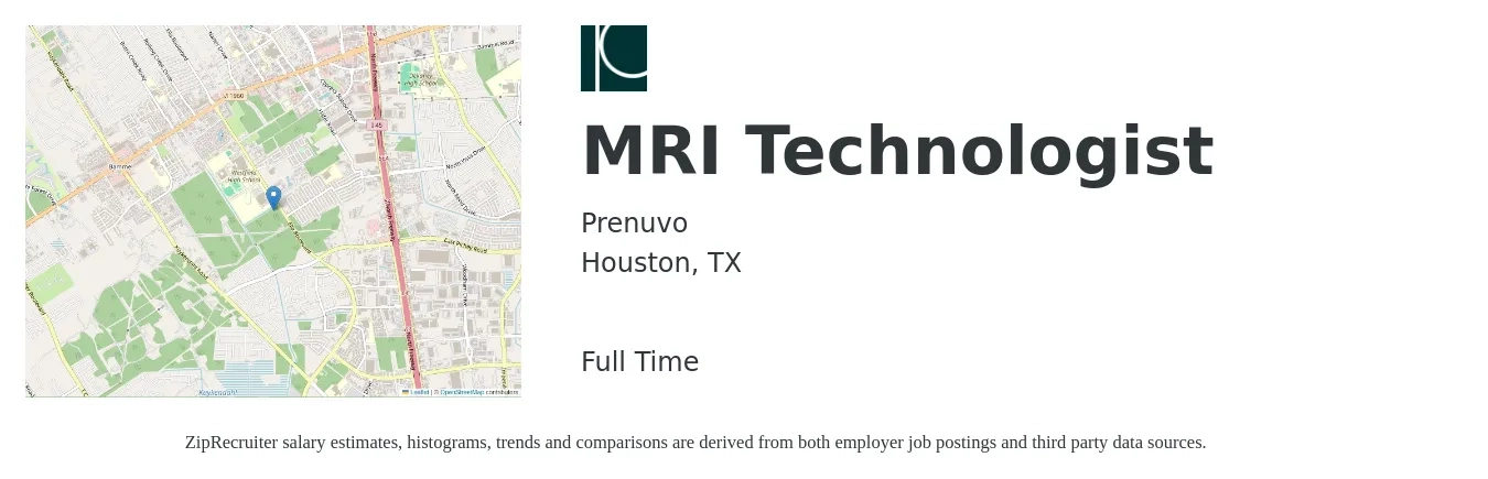 Prenuvo job posting for a MRI Technologist in Houston, TX with a salary of $80,000 to $104,000 Yearly with a map of Houston location.