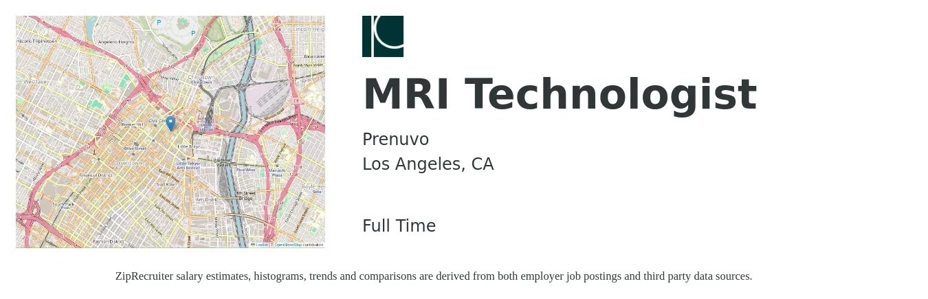 Prenuvo job posting for a MRI Technologist in Los Angeles, CA with a salary of $1,800 to $2,910 Weekly with a map of Los Angeles location.
