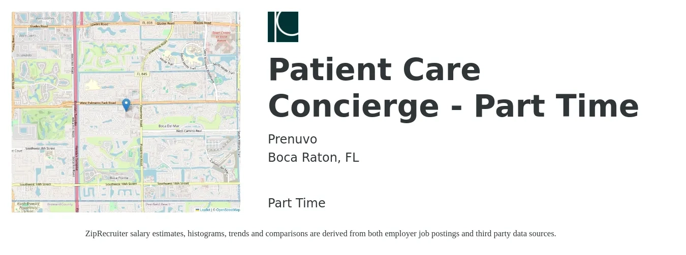 Prenuvo job posting for a Patient Care Concierge - Part Time in Boca Raton, FL with a salary of $15 to $19 Hourly with a map of Boca Raton location.