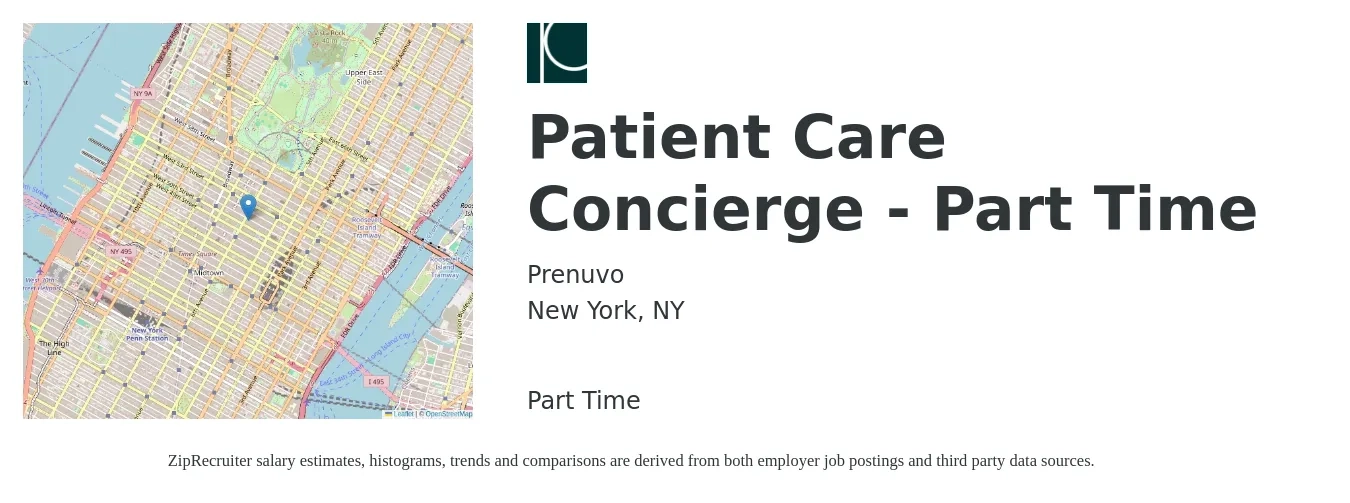 Prenuvo job posting for a Patient Care Concierge - Part Time in New York, NY with a salary of $17 to $22 Hourly with a map of New York location.