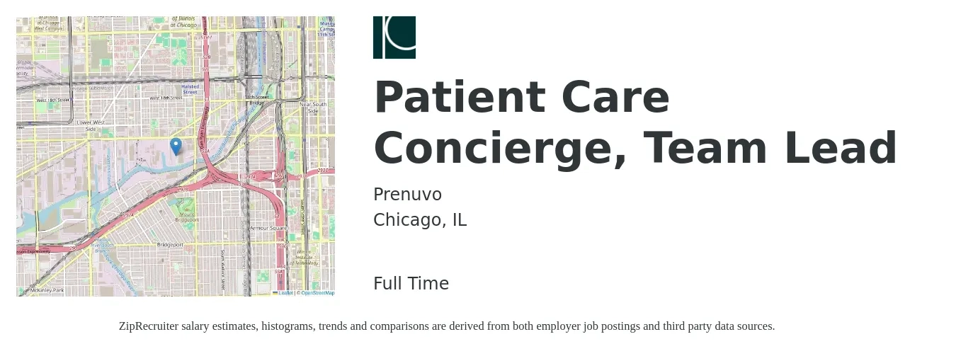 Prenuvo job posting for a Patient Care Concierge, Team Lead in Chicago, IL with a salary of $16 to $20 Hourly with a map of Chicago location.