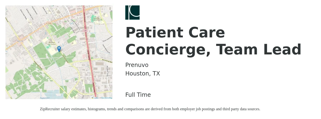 Prenuvo job posting for a Patient Care Concierge, Team Lead in Houston, TX with a salary of $15 to $19 Hourly with a map of Houston location.