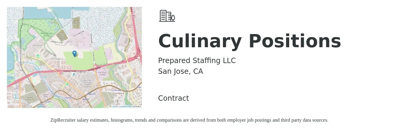 Prepared Staffing LLC job posting for a Culinary Positions in San Jose, CA with a salary of $15 to $20 Hourly with a map of San Jose location.