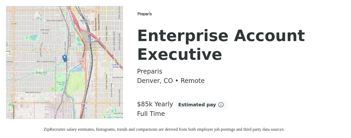 Preparis job posting for a Enterprise Account Executive in Denver, CO with a salary of $85,000 Yearly with a map of Denver location.