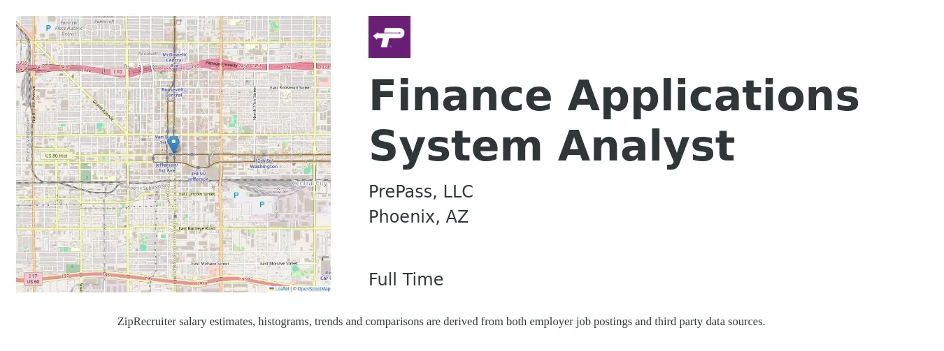 PrePass, LLC job posting for a Finance Applications System Analyst in Phoenix, AZ with a salary of $85,400 to $115,700 Yearly with a map of Phoenix location.
