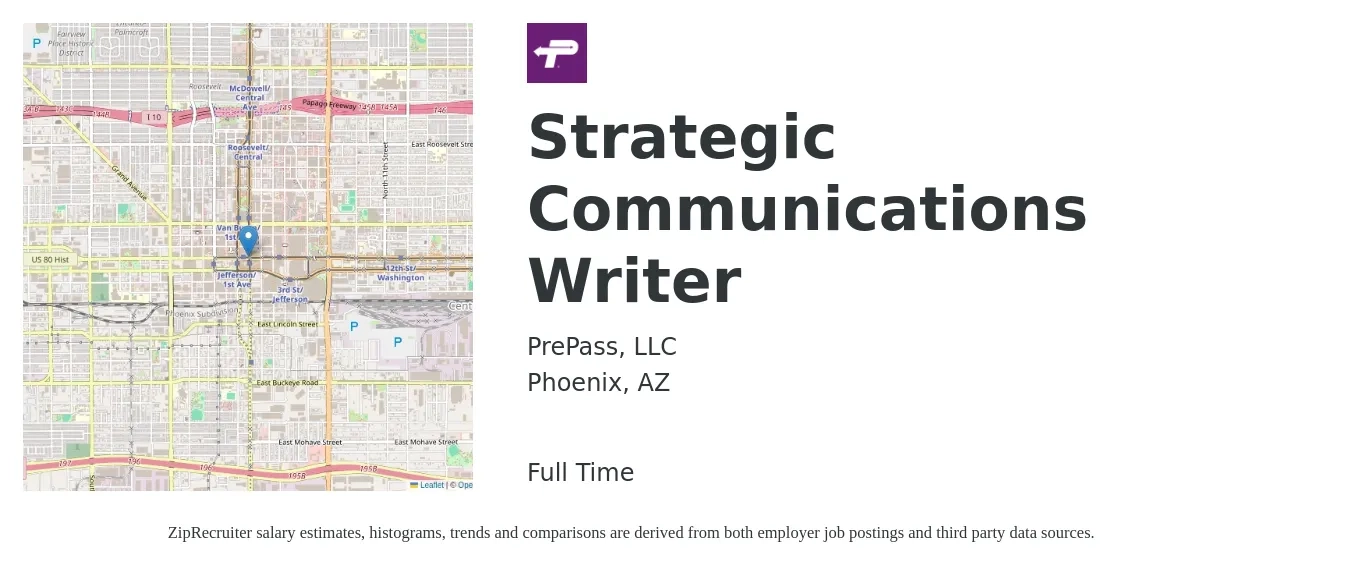 PrePass, LLC job posting for a Strategic Communications Writer in Phoenix, AZ with a salary of $30 to $41 Hourly with a map of Phoenix location.