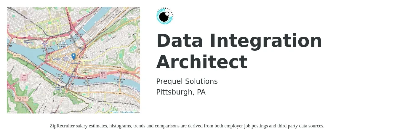 Prequel Solutions job posting for a Data Integration Architect in Pittsburgh, PA with a salary of $60 to $79 Hourly with a map of Pittsburgh location.