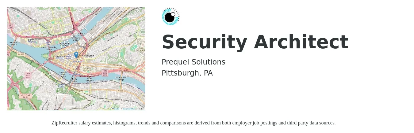 Prequel Solutions job posting for a Security Architect in Pittsburgh, PA with a salary of $63 to $82 Hourly with a map of Pittsburgh location.