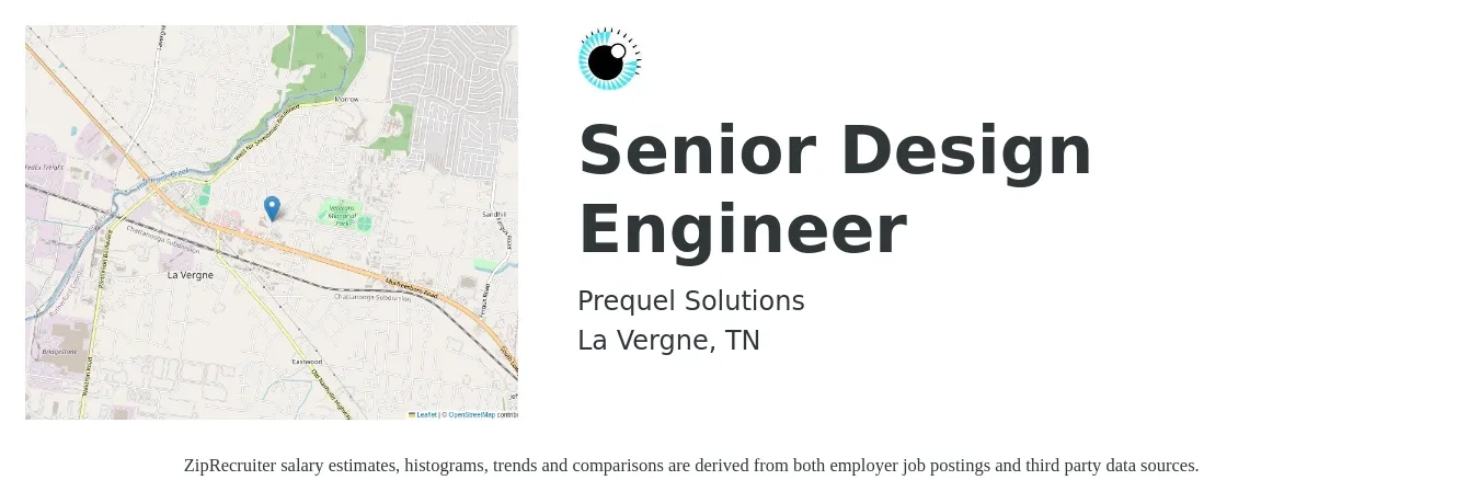 Prequel Solutions job posting for a Senior Design Engineer in La Vergne, TN with a salary of $90,300 to $131,600 Yearly with a map of La Vergne location.